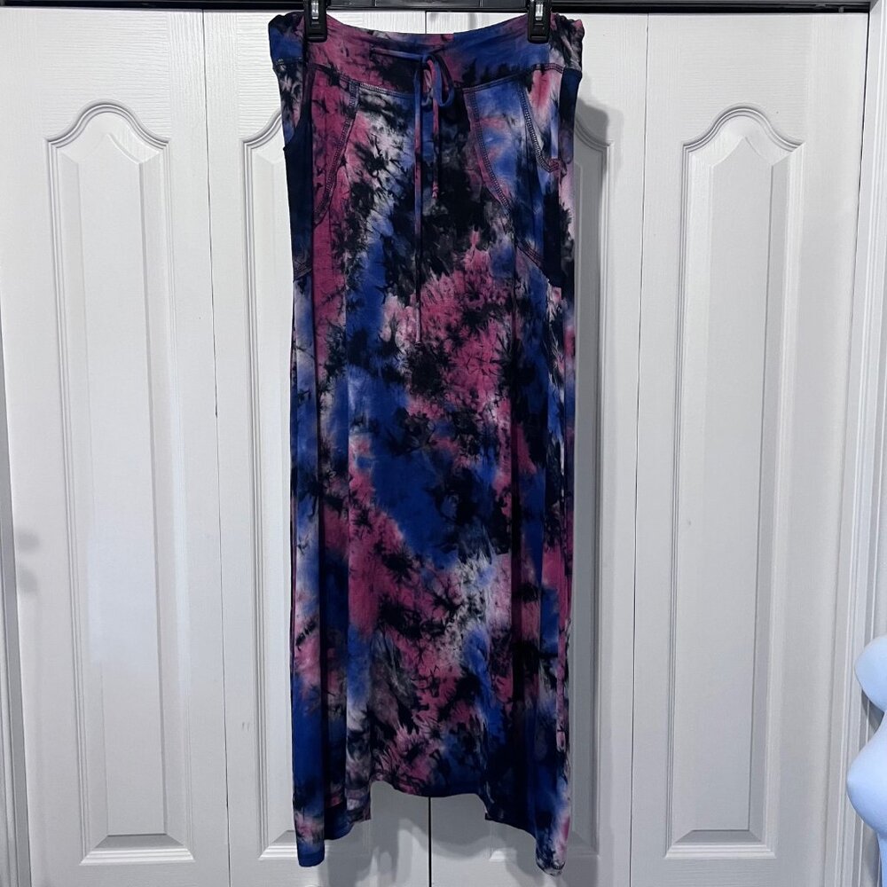 Coin 1804-Women's Maxi Tie Dyed Skirt-Pockets/Drawstring-Large-Black/Red/Blue